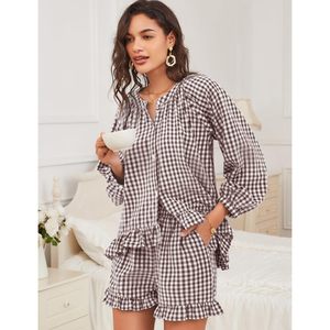Women Gingham 2 Piece Pajama Set Long Sleeve Ruffle Shorts Sleepwear With <b>Pockets</b> Casual Woven Fabric Soft Comfortable Lounge - Product Image 3