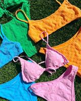 Nouveau modèle Bikini froissé en tissu éponge Haut de bain côtelé pour femmes Short éponge à carreaux deux pièces en tissu jacquard Haut court