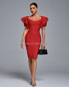 Vestido de Coquetel Feminino Ocstrade com Design de Moda Mais Recente, Cor Sólida, Manga Curta, Babados, Midi, Bodycon, Vermelho, Estilo Bandage - Product Image 6