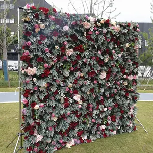 A-148 Wedding Flower Wall Green Leaf 3D Roll Up Greenery Rose Wall Burgundy Wedding Backdrop