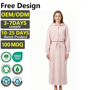 Solid Color <b>Women</b> Cropped Hoodie <b>2</b> <b>Piece</b> Outfit, Button Front Sweat Top & Cargo Pocket Midi Skirt Leisure Loungewear <b>Set</b> - Product Image 1