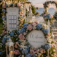 Ensemble complet de mariage thème Romantisme de Jardin Côtier, Arche d'hortensias bleus et roses, Centre de table en mousseline transparente, Toile de fond, Vente en gros OEM à guichet unique