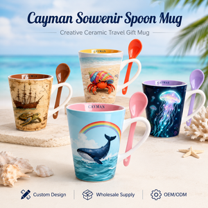 Tazas de Cerámica Personalizadas con Diseño Oceánico y Cuchara, Recuerdo Turístico de las Islas Caimán, para Mayoristas de Regalos - Product Image 2
