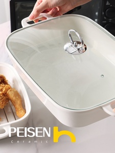 Plato de cerámica para hornear con tapa de vidrio y escurridor de aceite Bandeja para asar segura para microondas y <span class=keywords><strong>horno</strong></span> para hornear y cocinar - Product Image 6