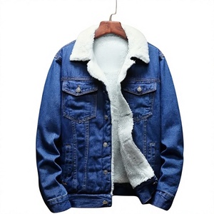 Veste en jean foncé pour homme avec doublure en polaire blanche, boutonnage frontal, coupe classique, vêtement d'hiver décontracté, couleur unie, détails surpiqués - Product Image 3