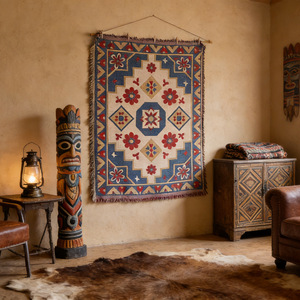 Tapisserie murale en coton de style sud-ouest, motif abstrait, rectangle, décoration intérieure, art tissé avec franges - Product Image 1