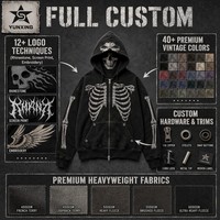 Sudadera con capucha pesada para hombre, personalizada, con cremallera, lavado ácido, gráfico de esqueleto, bordado de pedrería, estilo urbano, efecto desgastado por el sol, corte holgado, OEM