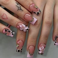 24Pcs Kuku Palsu Almond Press On Warna Nude Motif Tortoiseshell Dengan Bunga Putih 3D & Rantai Logam Ujung Kuku Artifisial