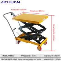 Mesa Elevadora de Tijera Hidráulica de 4 Ruedas Jichuan, Capacidad de 500 kg/350 kg, Plataforma Manual, Tamaño de la Mesa 905x500x50 mm, Origen Jiangsu
