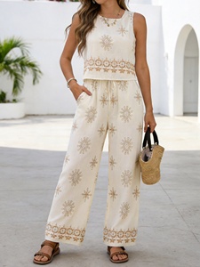 Traje Casual de Verano para Mujer, Top Ligero sin Mangas Combinado con Pantalones Anchos de Cintura Elástica - Product Image 1