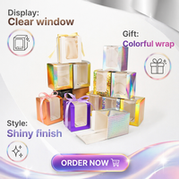 Boîte cadeau cube Shaher de luxe holographique en papier flexographique avec fenêtre, fond à fenêtre, imprimée quadricolore, avec nœud en ruban personnalisé irisé