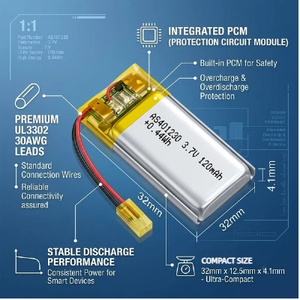 Batería de Polímero de Litio de 3.7V 120mAh AS401230, Celda de Litio de 3.7V 120mAh para GPS y Electrónica de Consumo - Product Image 3