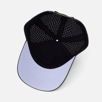 Casquettes de baseball perforées à six panneaux résistantes à l'eau pour le sport, avec logo personnalisé en lettres script, et casquette de golf imperméable avec visière inférieure.