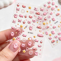 Autocollants 5D en relief pour ongles, motif cochon mignon, dessin animé, cochon rose, cupcake, étoile, fusée, cœur, décorations auto-adhésives pour manucure DIY