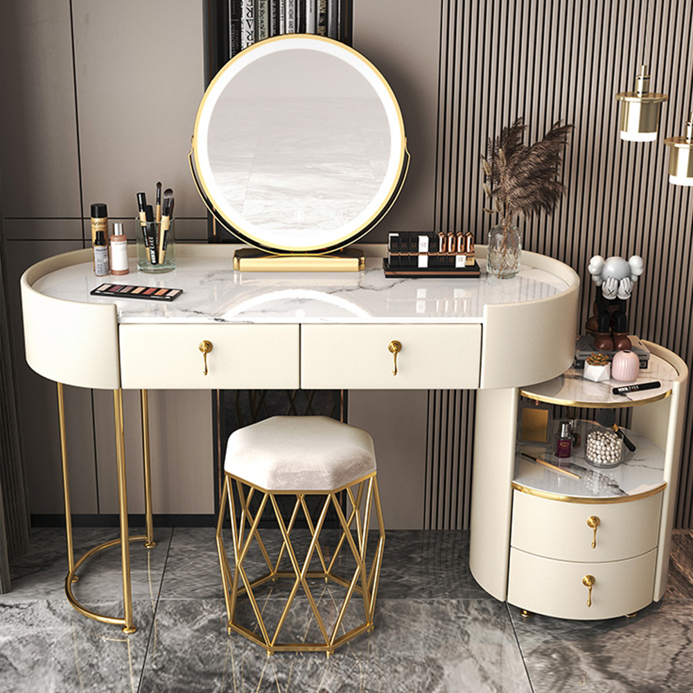 Marble Dressing Table with Mirror and Drawers - Modern Gold Legs