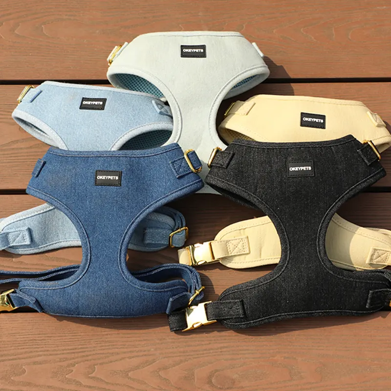 Fabbricazione imbracatura per cani regolabile set di imbracature per animali domestici di lusso personalizzate heavy duty traspirante imbracatura per cani personalizzata denim