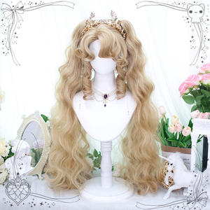 Perruque Lolita longue bouclée rose doré avec frange, double queue de cheval, en fibre synthétique Kanekalon, style ligne de cheveux naturelle - Product Image 5