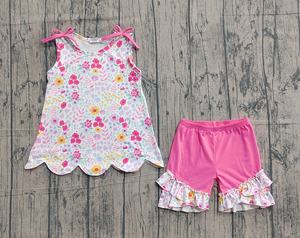 Fábrica de Ropa Infantil OEM, Conjuntos de Verano Personalizados para Niñas, Alta Calidad, Suaves y Elásticos, Color Rosa Intenso, Estampado Floral, Sin Mangas, con Volantes - Product Image 1