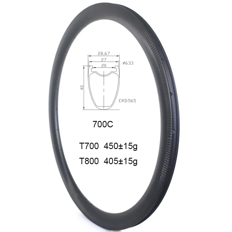 Road Bicycle Rims 27mm Wide 40mm Deep Aero Clincher Road Rim Brake Available 700C Carbon Cyclocross Road Rim Tubeless Compatible