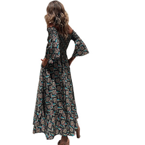 On01237 Vestido estampado europeo y americano para mujer, con hombros descubiertos, entallado en la cintura, adelgazante, moderno, ajustado y versátil, en stock. - Product Image 4