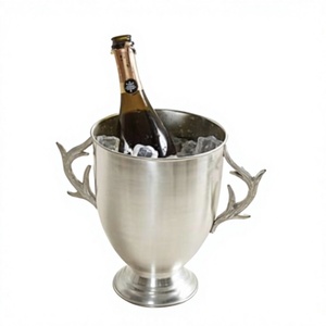 Stainless Steel <b>Ice</b> <b>Bucket</b> With Antler Handles Round Vintage Design Rust Resistant For Party Beverage Tub Christmas Decoration - Product Image 1