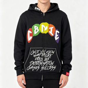 เสื้อฮู้ดผู้ชายสไตล์ลำลอง สตรีทแวร์ ซิปหน้า ผ้าคอตตอนหนา 380gsm พิมพ์ลายตัวอักษรสีรุ้ง ทรงหลวมไหล่ตก ผู้ผลิตเสื้อฮู้ดลำลอง - Product Image 1