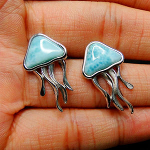 Bijoux en argent sterling 925 Pierre naturelle Bleu Larimar Boucles d'oreilles méduse - Product Image 3