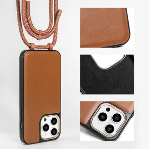 Luxury Custom Necklace Crossbody Detachable PU Leather Mobile Cell Smart Phone Case For Iphone 14 Pro Max Cover With Strap