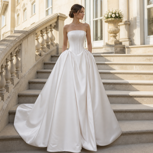 LY114 Stylish Boat Neck Corset Wedding Satin Ivory Gowns <b>Dresses</b> For Women - Product Image 1