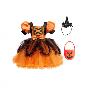 Girls Halloween Tutu Dress Orange Black Layered Costume Party Wear - Product Image 1