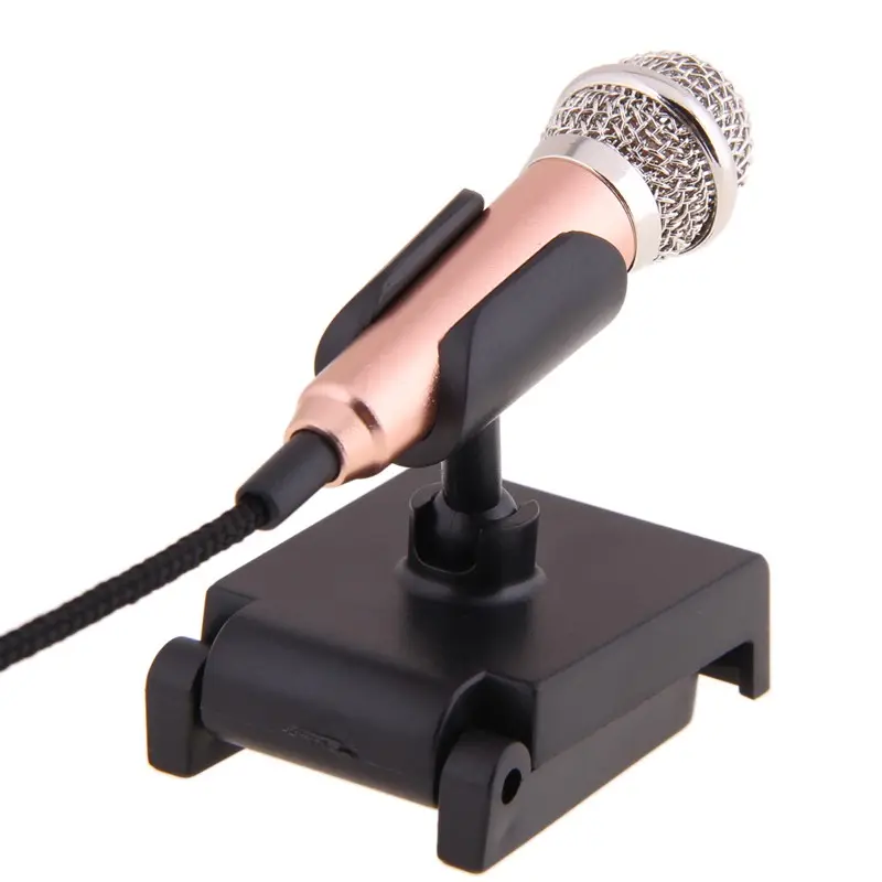 Gold mini 3.5mm Pocket Size Multimedia Clip Mic Microphone with mic stand for PC Laptop Desktop Studio Speech skype