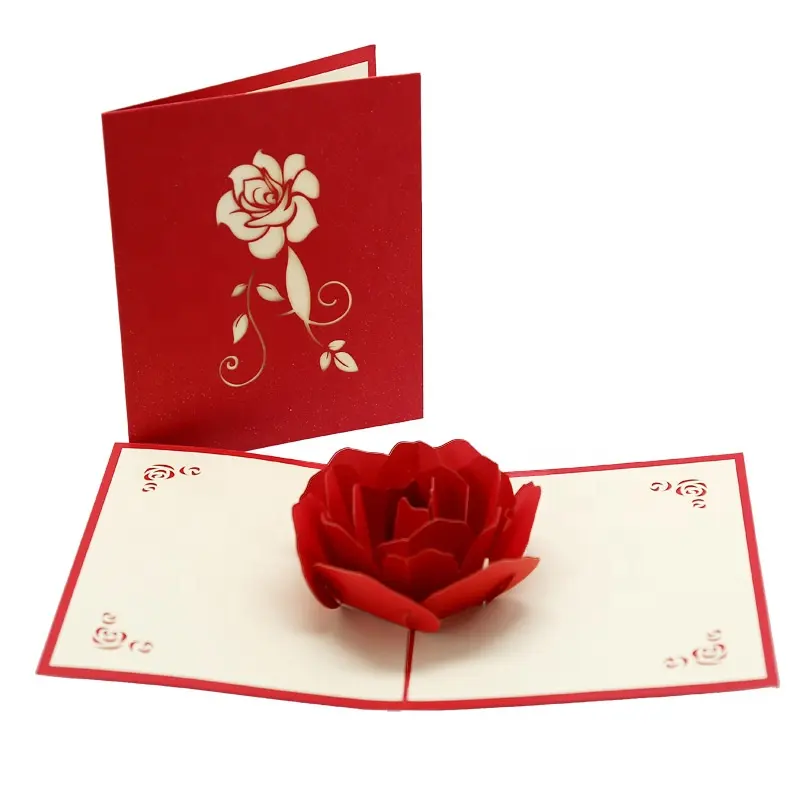 New Design Big Rose Handmade Greeting Cards Custom Laser Cut Flower 3D Pop Up Cards with Envelopes