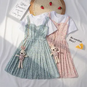 Kızlar pilili kemerli elbise 2021 yeni kısa kollu çocuk moda çiçek prenses etek yaz jartiyer rop