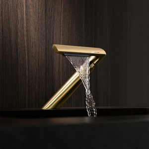 Vòi lavabo thác nước, vòi chậu rửa mặt, vòi đơn, lắp đặt trên mặt bàn, mạ vàng xước, đồng thau, hiện đại, dùng cho phòng tắm - Product Image 1