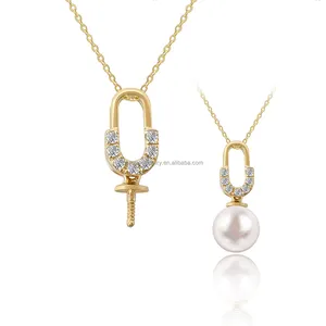 High Quality AU585 Gold Diamond Pearl Mounting Paper Clip Shaped Pendant Pearl Semi Mount for Fresh water Pearl