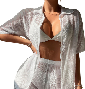 Nouvelle Robe <span class=keywords><strong>de</strong></span> Plage Blanche Évidée Style Européen et Américain <span class=keywords><strong>avec</strong></span> Haut Cache-cœur et Culotte Séparée pour Femme - Product Image 1