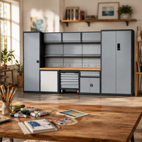 Ensemble d'armoires à outils modulaires en acier robuste, poste de travail avec plateau en bois, panneau perforé, tiroirs et casiers pour garage automobile
