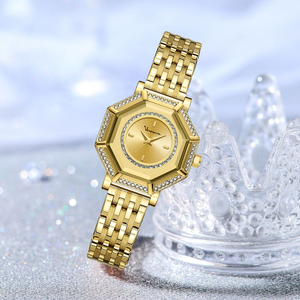 Montre pour femme de qualité supérieure, dorée, avec lunette sertie de cristaux, bracelet en acier inoxydable, mouvement à quartz, montre de luxe, cadeau - Product Image 2