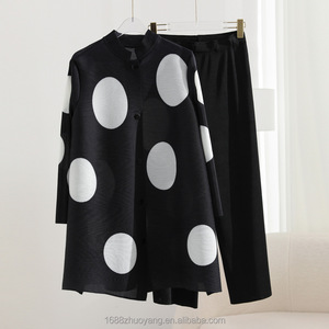 Miyake quần xếp li hai mảnh mù<span class=keywords><strong>a</strong></span> hè cho nữ bộ quần xếp li dài tay in nút chấm chấm bi - Product Image 4