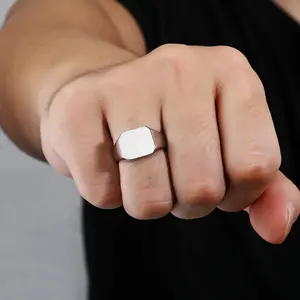 Square Unisex Engravable Ring 925 Sterling Silver Rhodium Plated Men Women Signet Ring