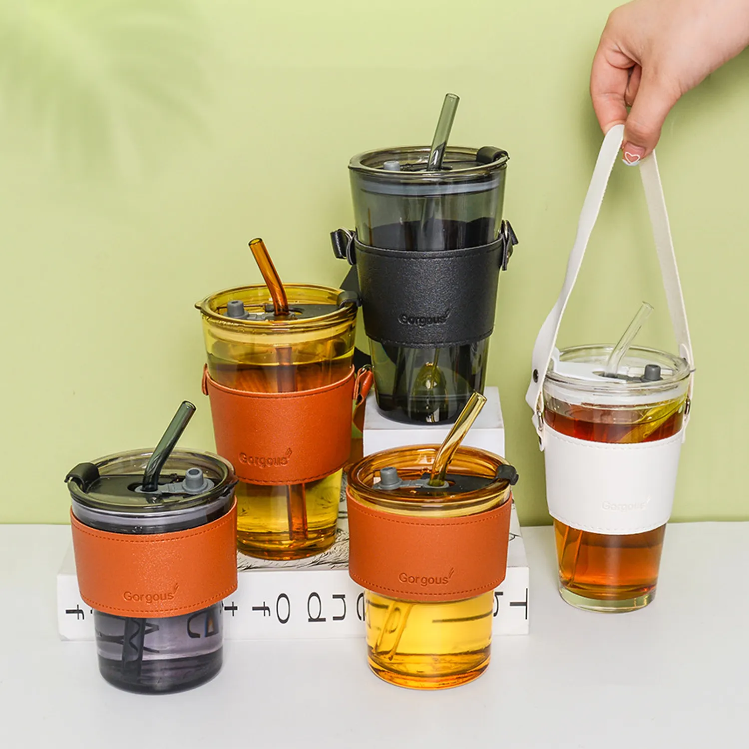 Tasse en verre de paille anti-brûlure de 400ml 450ml tasse à café en verre à manchon en cuir portable avec poignée vente en gros