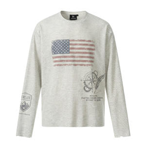 T-shirt à manches longues gaufré pour hommes, style américain, avec motif graphique, col rond, 220 g/m², en coton, vente en gros, référence usine 6650 - Product Image 3