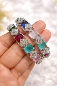 Classic Silver Plated Brass American Diamond Ethnic Imitation Pearl <b>Bangles</b> for Women's Wedding Occasion - Product Image 5