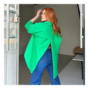 Blus baju wanita lengan panjang, baju wanita lengan panjang longgar, kancing belakang asimetris, musim panas, kasual, 5 warna - Product Image 1