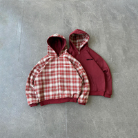 Sudadera con capucha y cremallera 2 en 1, estilo Y2K, personalizada, negra, reversible, a cuadros, de forro polar grueso de 500 g/m², estilo streetwear.