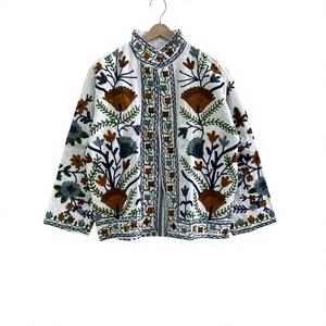 <b>Women's</b> Floral Embroidered Knitted Cotton <b>Jacket</b> Stand Collar Full Sleeve Handmade Boho Ethnic Style Autumn/Spring Outerwear - Product Image 1