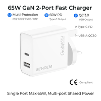 Pengisi Daya Cepat GaN 65W Colokan UK YG65 Layar Digital USB C Adaptor Daya PD 65W Port Ganda untuk Laptop Tablet Ponsel