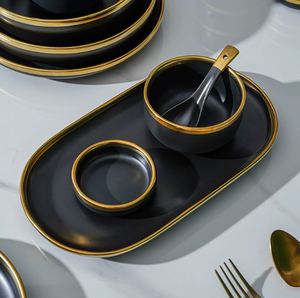Services <span class=keywords><strong>de</strong></span> Table Nordiques Créatifs Noirs et Or pour la Maison et les Fêtes – Bols à Soupe, Assiettes et Cuillères en Porcelaine Céramique - Product Image 4