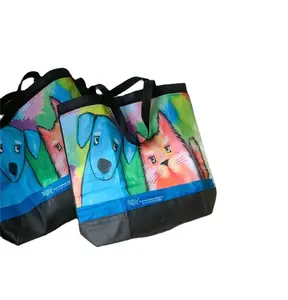 Custom print logo cartoon fun pets montage double layers pp non woven grocery bags shopping tote bag with zipper pocket