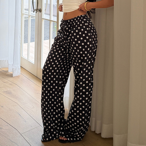 Pantalon long décontracté style plage d'été, coupe droite, taille mi-haute, respirant, avec cordon de serrage et blocs de couleur à pois - Product Image 6
